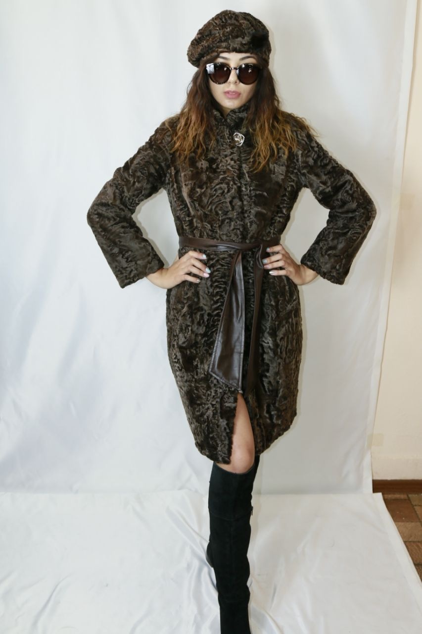 Brown Karakul fur coat with leather belt and hat