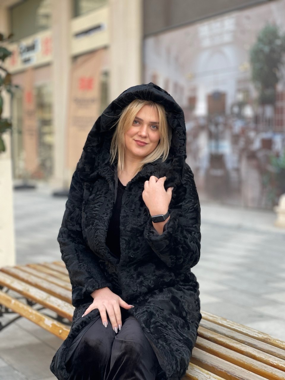 Black hooded Karakul fur coat